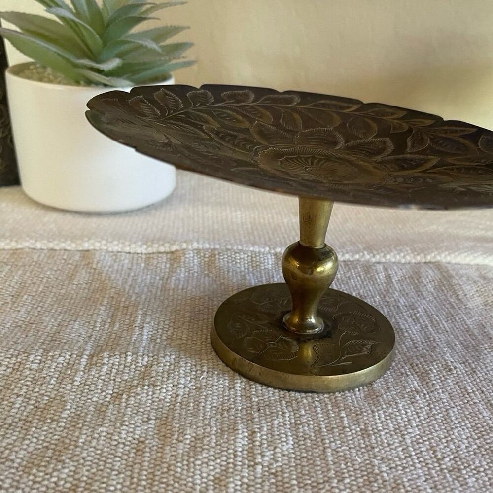 Vintage Sarna brass pedestal trinket tray India